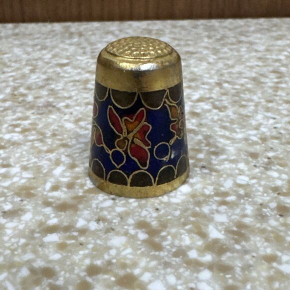 Vintage Thimble Cloisonne Gold Tone Enamel Inlay Blue Multicolor Flowers - Picture 4 of 6